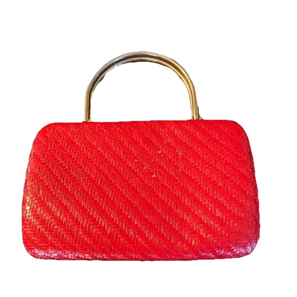 VTG Delill HandBag ITALY Purse Red & Brass Gold Lined Double Handle Weave Clasp